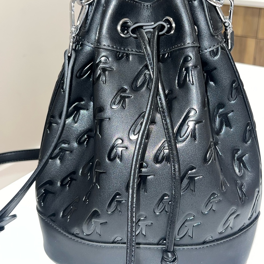 Black Leather Drawstring Backpack With Embossed P… - image 1
